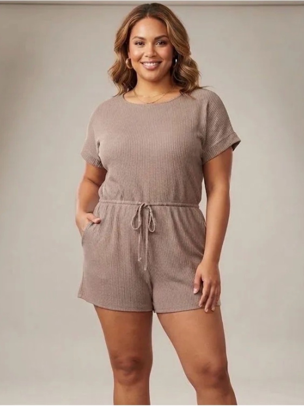 HEIMISH USA Ribbed Short Sleeve Romper in Taupe